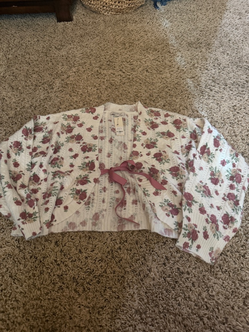 Francesca's White Knit Cardigan with Dusty Rose Spots